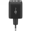 USB-C kiirlaadija Nano, PD, GaN, 65 W, USB-C-punutud kaabel (must, 1x USB-A, 2x USB-C PD, Quick Charge 3.0, 1 meetri pikkune kaabel)