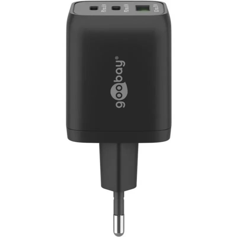 USB-C kiirlaadija Nano, PD, GaN, 65 W, USB-C-punutud kaabel (must, 1x USB-A, 2x USB-C PD, Quick Charge 3.0, 1 meetri pikkune kaabel)