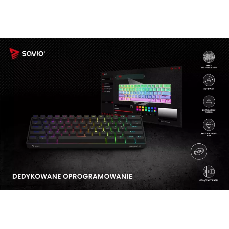 Mehaaniline mänguklaviatuur SAVIO MustOUT X2 BROWN 61-klahviga 60% USB QWERTY RGB Outemu Brown