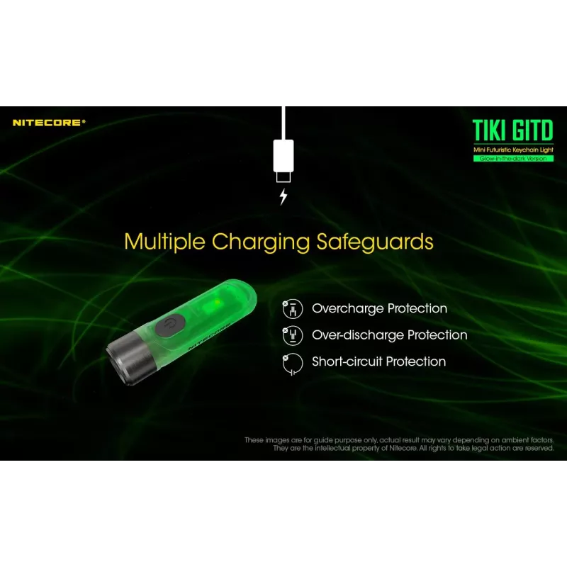 Võtmehoidja taskulamp Nitecore TIKI GITD Hall — USB laetav, 1 lm, 55 mm, 12 g, IP66