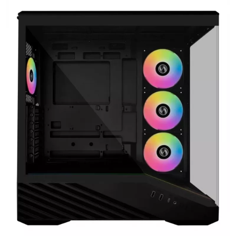 Lian Li Vector V100 Midi Tower — Must läbipaistva paneeliga, toetab 3×120 mm külje- + 1×120 mm tagumist ventilaatorit, 3,5-tolline HDD, 2,5-tolline SSD, 235,5×446×484,6 mm