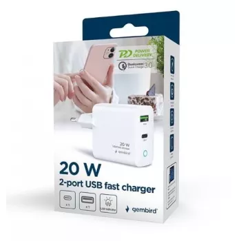 Alimentator Retea 220V GEMBIRD, Universal, 1 X USB USB-C D 20W, 1 X USB-a 3.0 QC 18W, Indicator LED, Valge