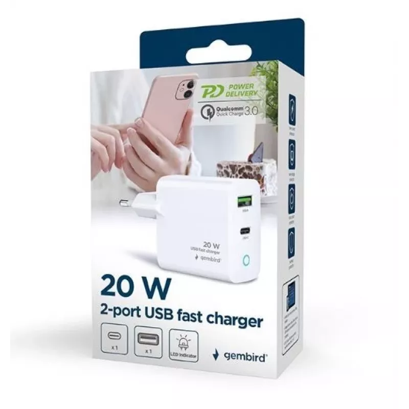 Alimentator Retea 220V GEMBIRD, Universal, 1 X USB USB-C D 20W, 1 X USB-a 3.0 QC 18W, Indicator LED, Valge