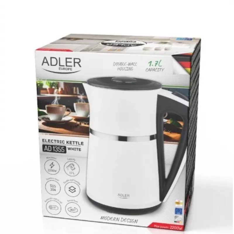 Elektri veekeetja Adler 1,7 l 1355 W valge topeltseinaga