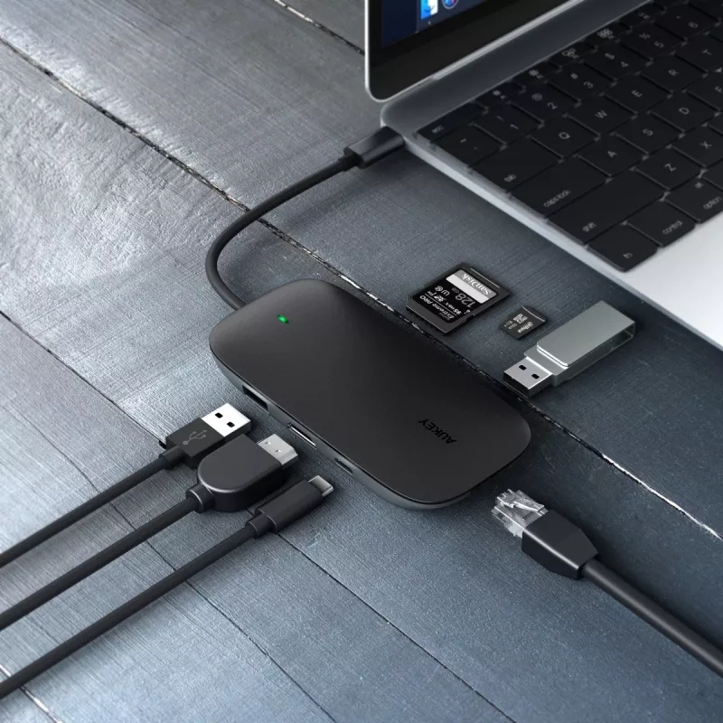 Sülearvuti dokkimisjaam AUKEY CB-C71 — 3× USB-C (USB 3.2 Gen1), HDMI, RJ‑45, MicroSD, USB PD 100W, 0,15 m kaabel, must