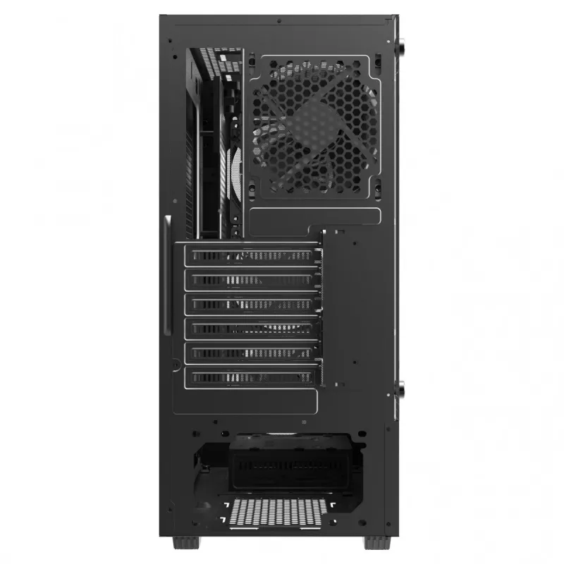 Arvuti korpus SAVIO Noctis Flow — kuubikujuline, Mini‑ITX/Micro‑ATX/ATX, 3x120 mm ees, 1x120 mm taga, 2x3,5 tolli + 3x2,5 tolli pesad, karastatud klaas