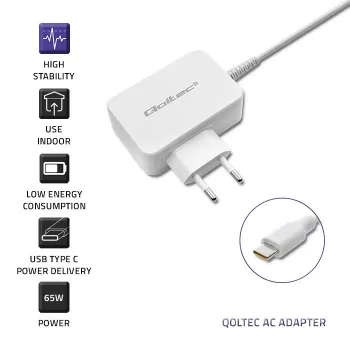 Toiteadapter QOLTEC 51039 65W AC-to-DC 220–240V 20.3V/3.25A Type C valge, 1.7 m kaabel