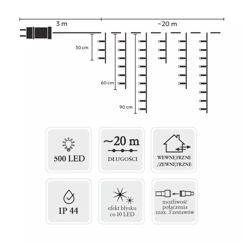 Extralink Icicle Curtain, 500L Cool Valge + Cool Flash, Length 3 + 20 m