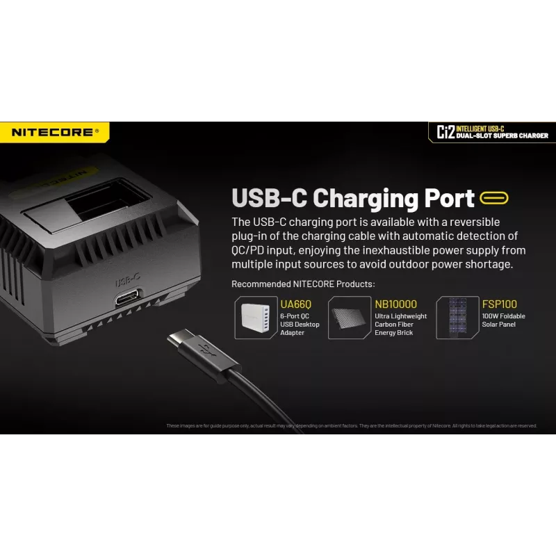 akulaadija Nitecore Ci12 Universaalne USB-laadija Li‑Ion, NiCd, NiMH akudele, 3A sisend 5/9/12V, plastkorpus