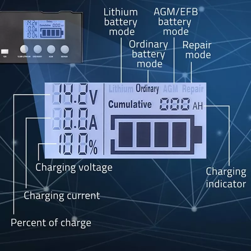 Aku laadija QOLTEC 52491 mikroprotsessoriga 12V/12,6V/24V koos LCD-ga