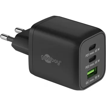 USB-C kiirlaadija Nano, PD, GaN, 65 W, USB-C-punutud kaabel (must, 1x USB-A, 2x USB-C PD, Quick Charge 3.0, 1 meetri pikkune kaabel)