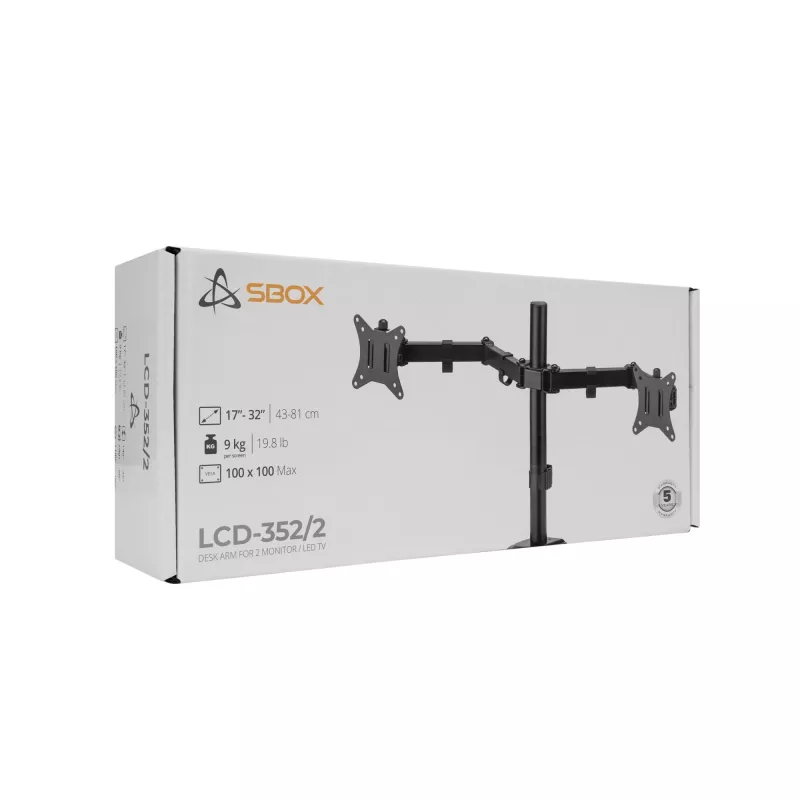 Seinale kinnitatav monitorihoidik SBOX LCD-352/2-2 13–32-tollistele ekraanidele, kaheharuline, 2×8 kg kandevõime, VESA 100×100