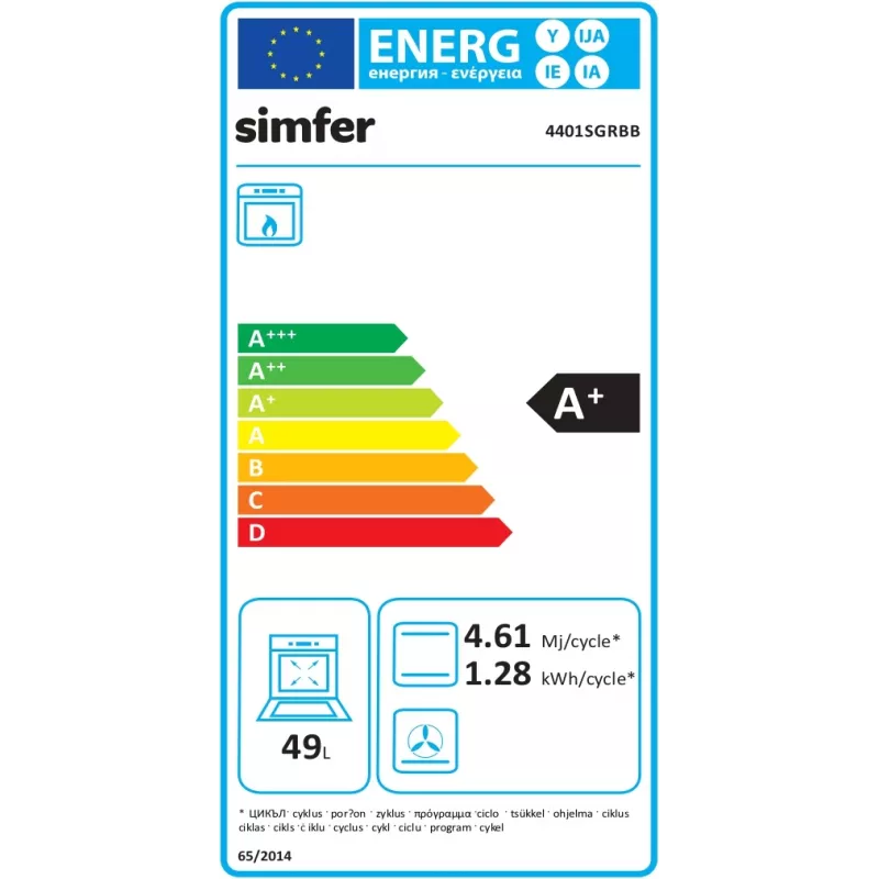 Gaasipliit SIMFER 4401SGRBB.1 gaasikeeduplaadi ja gaasiahjuga, laius 50 cm, sügavus 55 cm, energiaklass A+