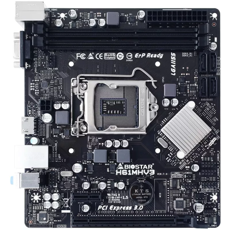 Emaplaat BIOSTAR H61MHV3 micro ATX, Intel H61 kiibistik, LGA 1155, DDR3, 2x DIMM, 4x SATA II, HDMI, VGA