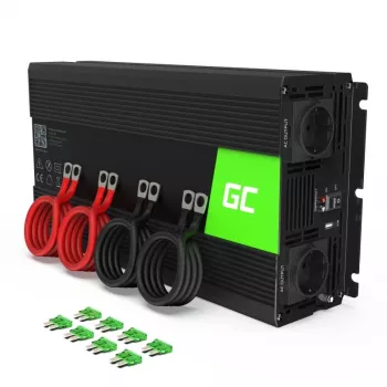 Toiteinverter roheline Cell INV15 3000W alalisvool 12V vahelduvvoolule 230V, USB-port, aktiivjahutus, must