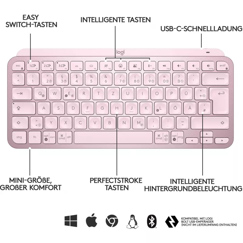 Logitech MX Keys Mini minimalistlik juhtmevaba valgustatud klaviatuur - ROSE - KESK (DE)