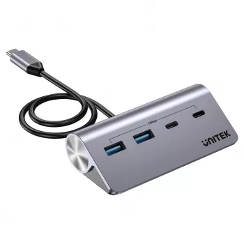 USB-jaotur Unitek H1337AGY01 — 4 pordiga (2×USB-C, 2×USB-A), kuni 5 Gbps pordi kohta, alumiinium, hõbedane