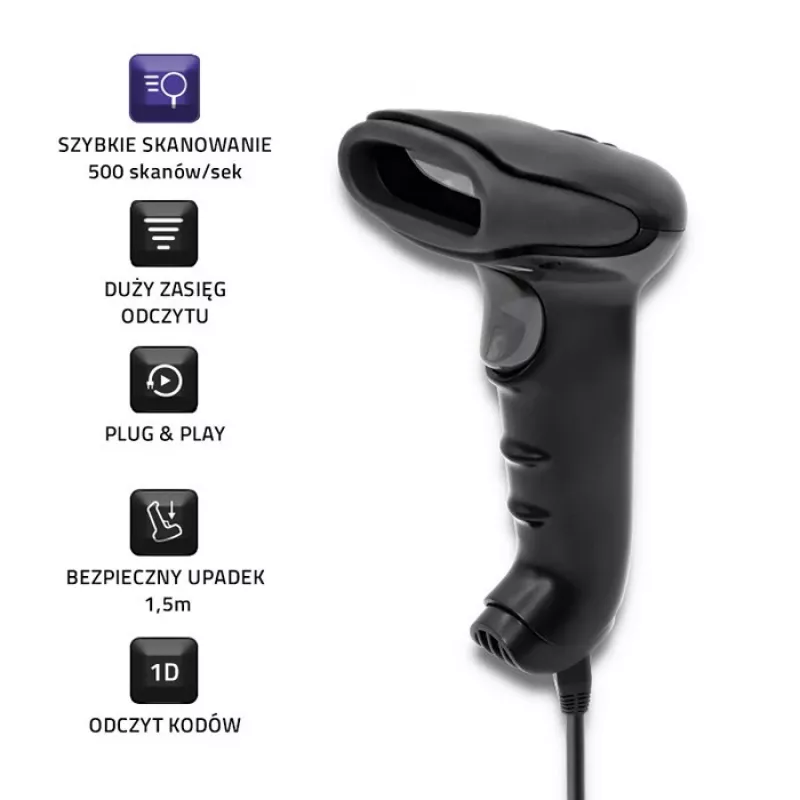 Pihuarvuti vöötkoodilugeja QOLTEC 50866 — 1D laserskanner, USB juhtmega, 600 mm lugemiskaugus, must, 161,5×88×77 mm