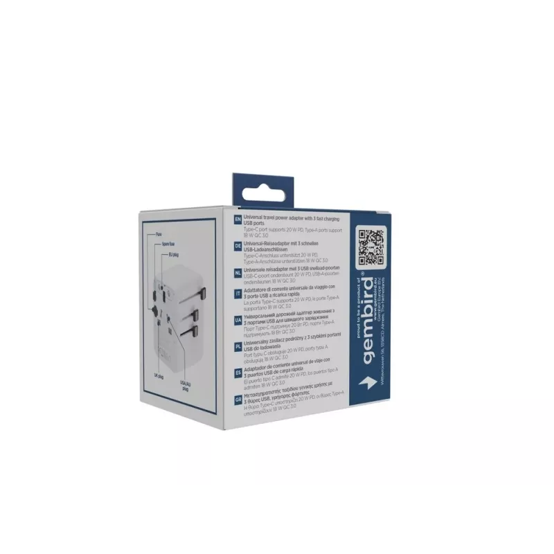 Reisiadapter GEMBIRD TPA-1A2C20-01-W — 20 W, USB-A (18 W) + 2× USB-C (20 W), Type E pistik, valge
