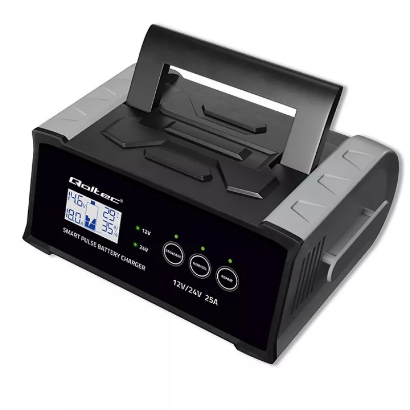 Akulaadija QOLTEC 52514 — 12V/24V, 25A, AGM/GEL/SLA akudele, LCD-ekraaniga