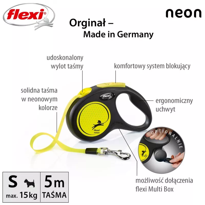 Sissetõmmatav rihm Flexi New NEON 5 m – lindirihm, väikestele koertele kuni 15 kg, must/kollane