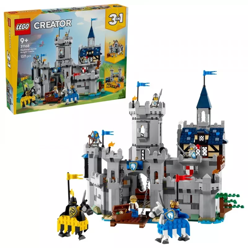 Ehitusmänguasi LEGO Creator 3-in-1 keskaegse rüütli lossi komplekt 31168 — 1371 tükki, 6 minifiguuri, vanusele 9+