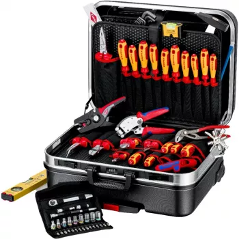 Mehaanika tööriistakomplekt Knipex 00 21 06 — 68 tööriista, sisaldab nõelaots- ja veepumba tange, punased/kollased tööriistad, must kohver (515×438×265 mm)