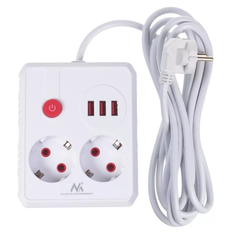 Pistikupesadega pikendusjuhe MACLEAN MCE388 W — 2 pistikupesa, 3×USB, 110–240 V, 2500 W, 3 m kaabel, valge