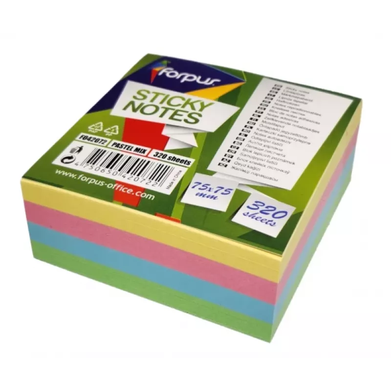 Sticky Notes Forpus, 75x75mm, 4 pastellvärvi segu, kuubik (1x320)