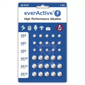 Leelispatareid everActive AGMIX30BL 1,5V — 30 tk pakend, nööp-/müntrakud