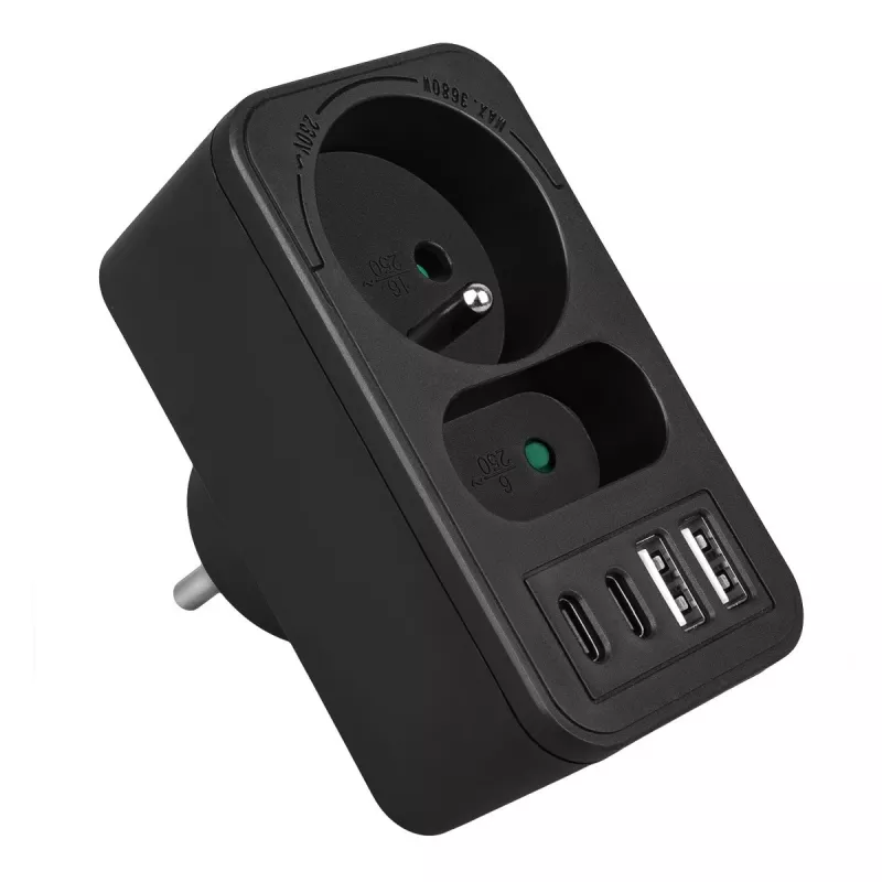 Toitejaotur MACLEAN MCE249 F/B — 2 vahelduvvoolupesa (16A + 6A) koos 2×USB-A ja 2×USB-C PD 20W, EL-pistik, must