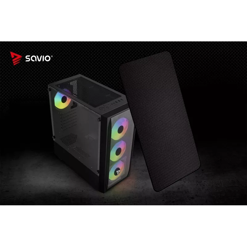 Arvutikorpus SAVIO Noctis Flow RGB — Kuubik, ATX/Mini-ITX, 3x 120 mm esiventilaatorit, karastatud klaasist külg, max GPU 35 cm