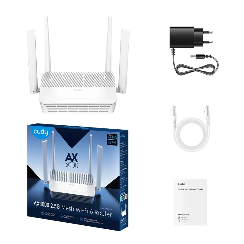Cudy WR3000P lauapealne traadita ruuter Wi‑Fi 6 kaheribaline 2,4/5 GHz, 2,5 Gigabit Ethernet, 3 LAN-porti, valge
