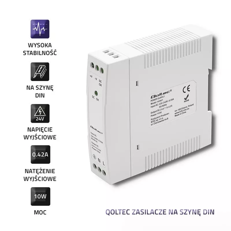 DIN rail power supply 10W, 24V, 0.42A, õhuke