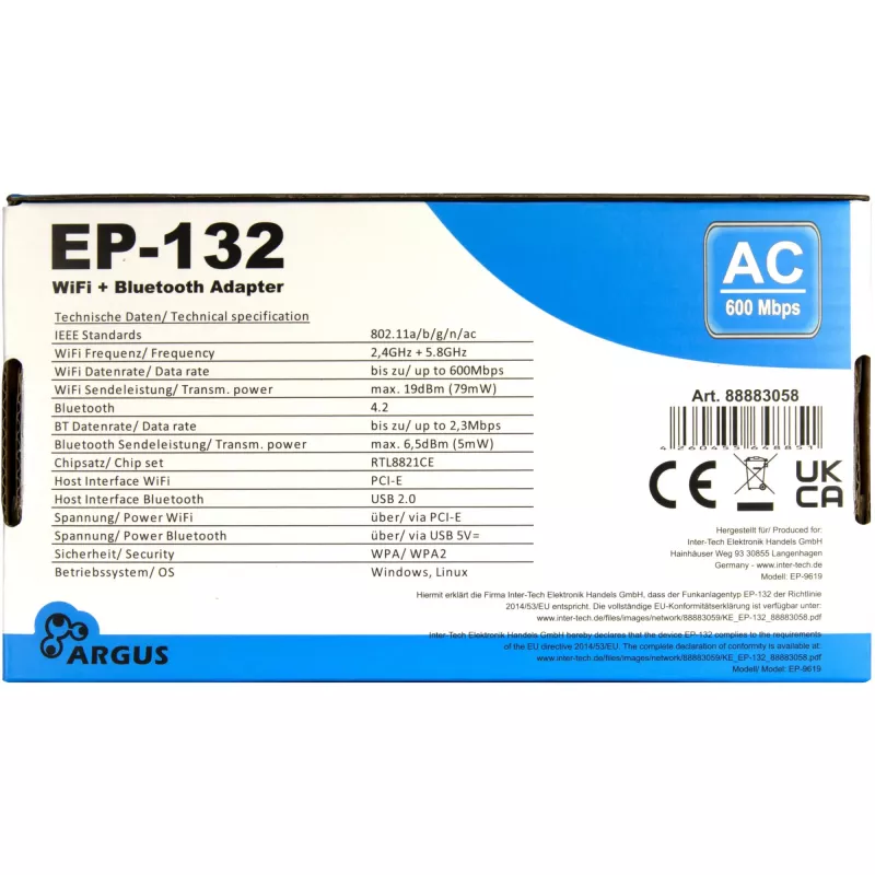 Juhtmevaba USB-võrguadapter INTER-TECH Argus EP-132, USB 2.0, Wi-Fi 5 (kuni 600 Mbit/s)