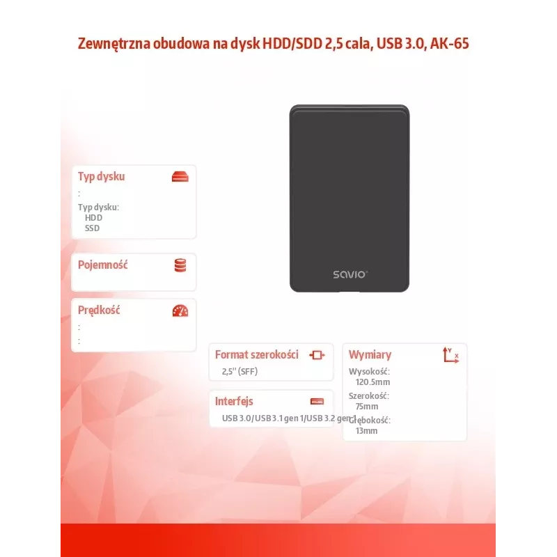 HDD/SSD korpus SAVIO AK-65 Must 2,5-tolline SATA USB 3.0 5 Gbit/s Mikro-USB