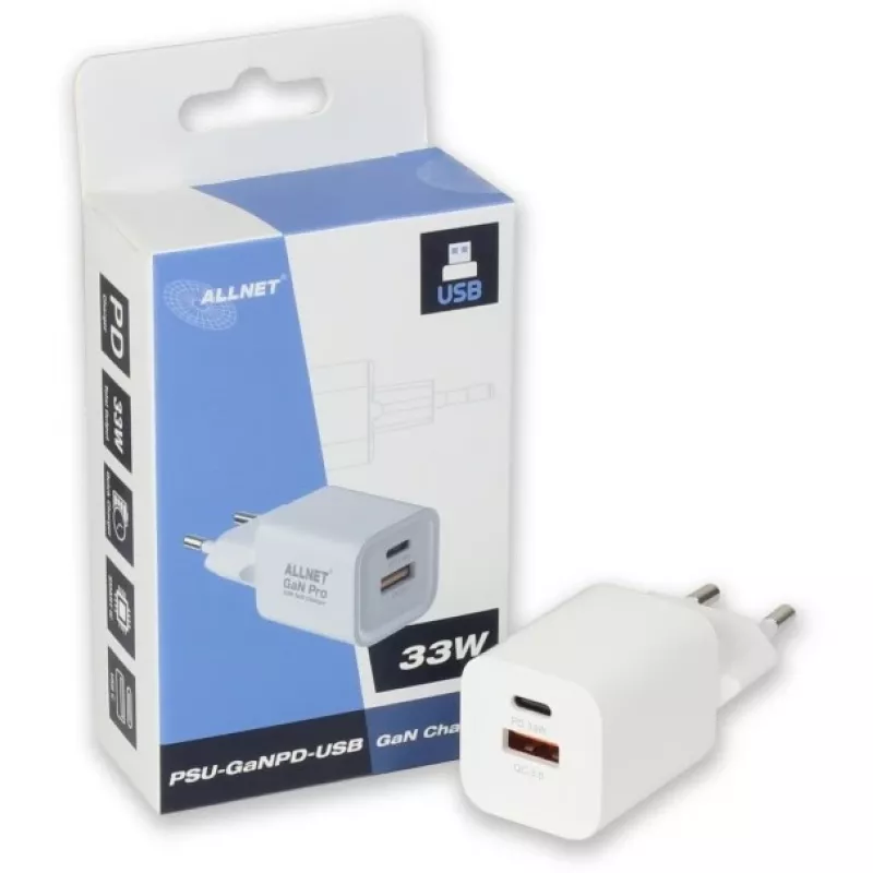 Toiteadapter ALLNET PSU-GaNPD-USB-1A1C-45W USB-C PD ja USB-A QC 45W GaN laadija