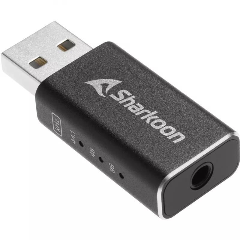 Sisemine USB Type-A – 3,5 mm DAC-adapter Sharkoon DAC Pro S — 2 V väljund, must, kompaktne (42×17,3×9,7 mm)