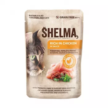 Märg kassitoit SHELMA Rich in chicken in sauce 85 g — täisväärtuslik täiskasvanud kasside toit, 10% valku, 81% niiskust