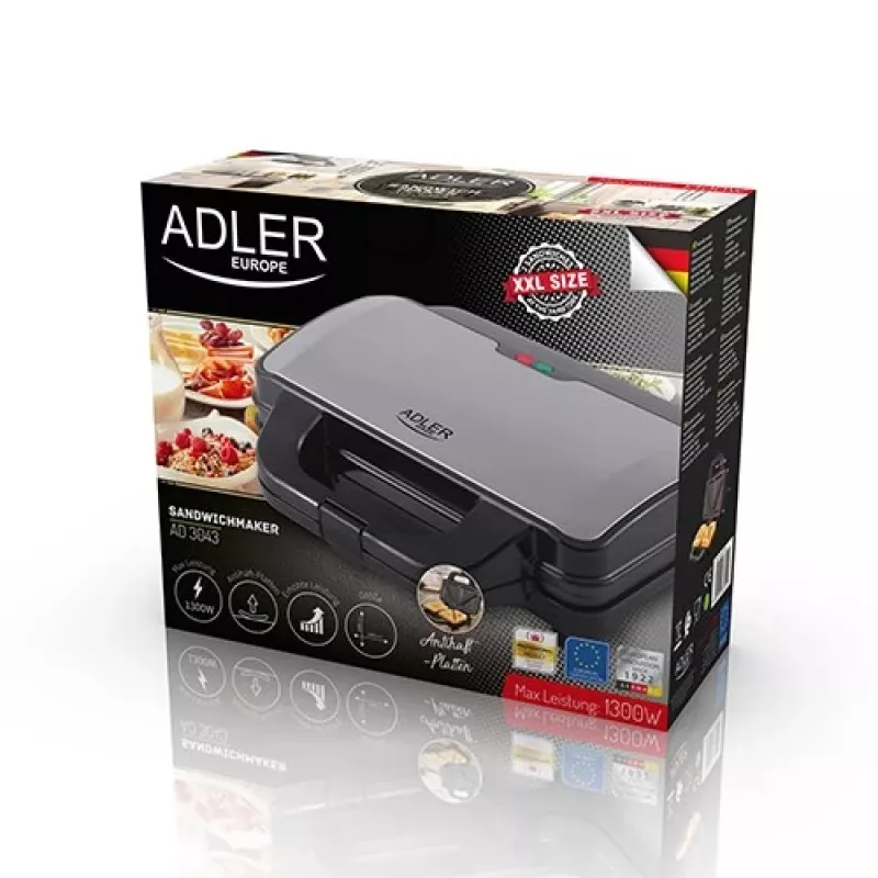 Võileivagrill Adler AD 3043, 1300 W, mittenakkuvad plaadid, 2 võileiba, 285×152 mm küpsetuspind, must