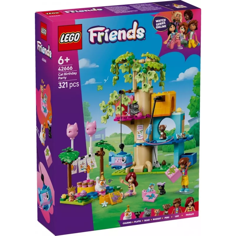 Ehitusmänguasi LEGO Friends 42666 Kassi sünnipäevapidu puumaja mängukomplekt, 321 tk, 6+ a, 180×160×100 mm