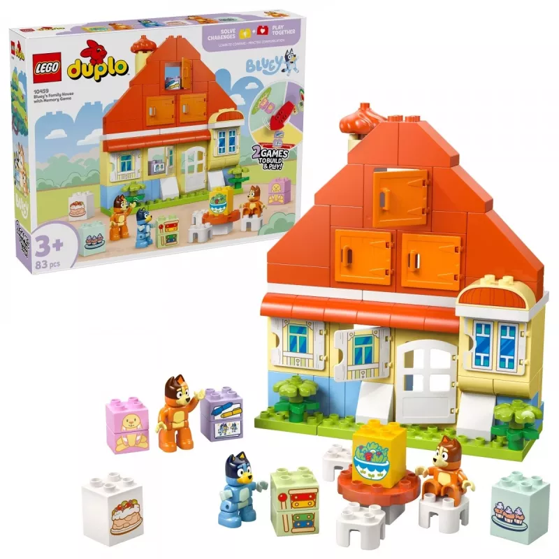 Ehitusmänguasi LEGO Bluey peremaja ja mälumänguga 10459 — 83 tk, 3 minifiguuri, vanus 3+