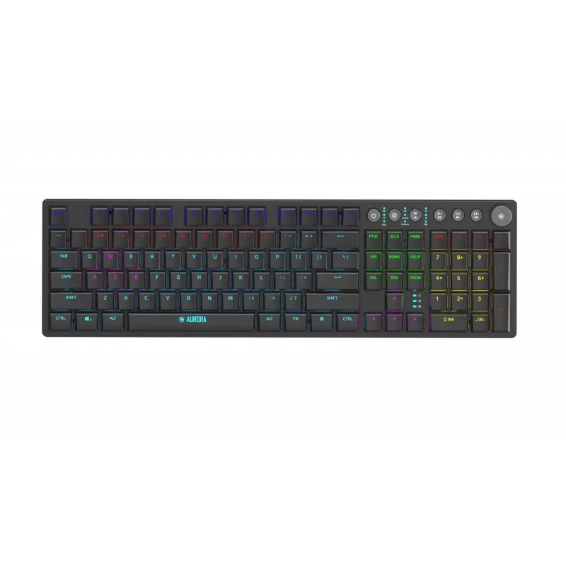 Klaviatuur IBOX AURORA K-6 — täissuuruses QWERTY, RF juhtmevaba + Bluetooth, RGB taustvalgustus, mehaanilised madala profiiliga klahvid, must