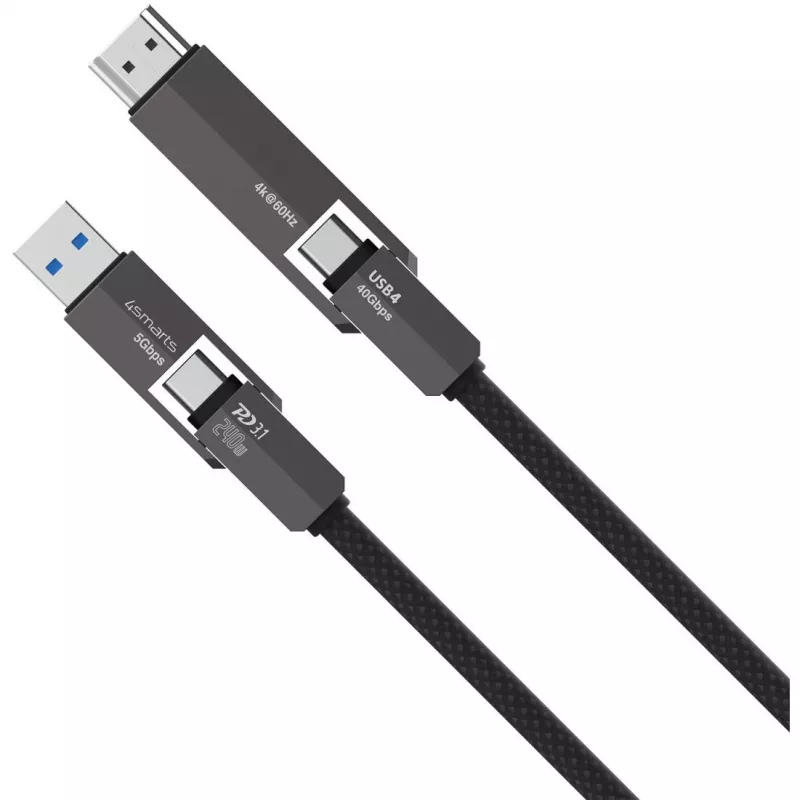 USB4 HDMI kaabel 4smarts ComboCord 240W 1,5 m – USB4-lt HDMI-le, 240W toiteedastus, 1,5 m pikkus