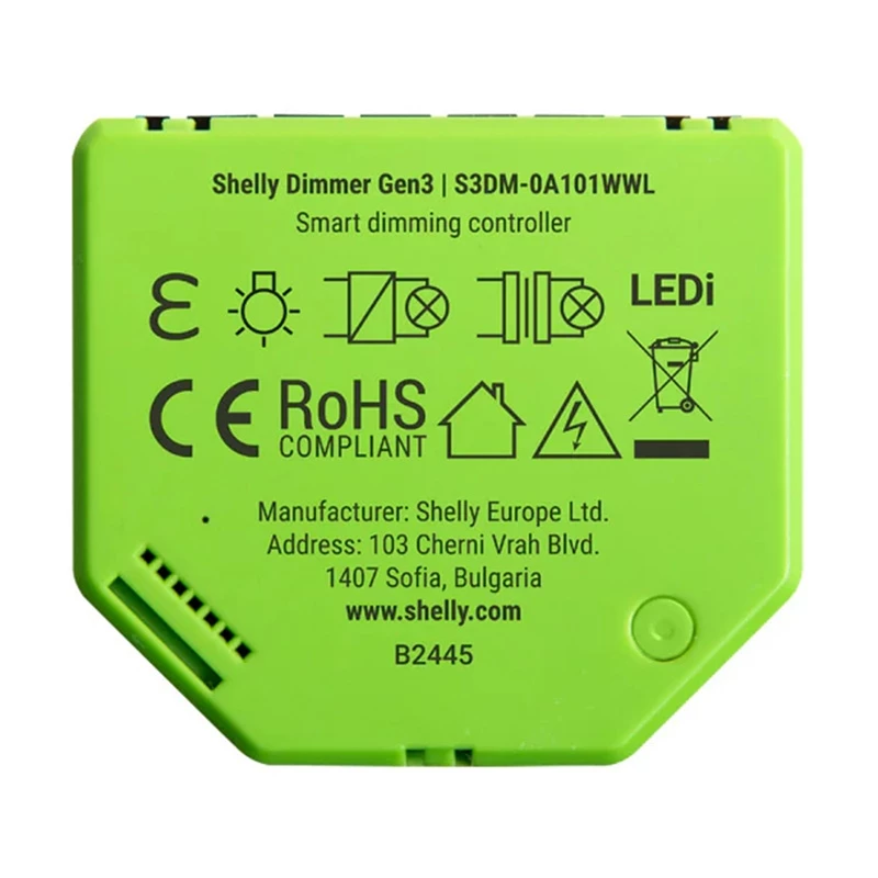 Sisseehitatud dimmer Shelly Dimmer Gen3 — LED max 150W, halogeen max 200W, 220–240V, juhtmevaba, must/laim