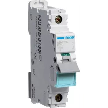 Hager NBN125. Pooluste arv: 1P. Vahelduvvoolu sisendsagedus: 50/60 Hz, Nimiväljundvool: 25 A. Laius: 17,5 mm, Sügavus: 70 mm, Kõrgus: 83 mm (NBN125)