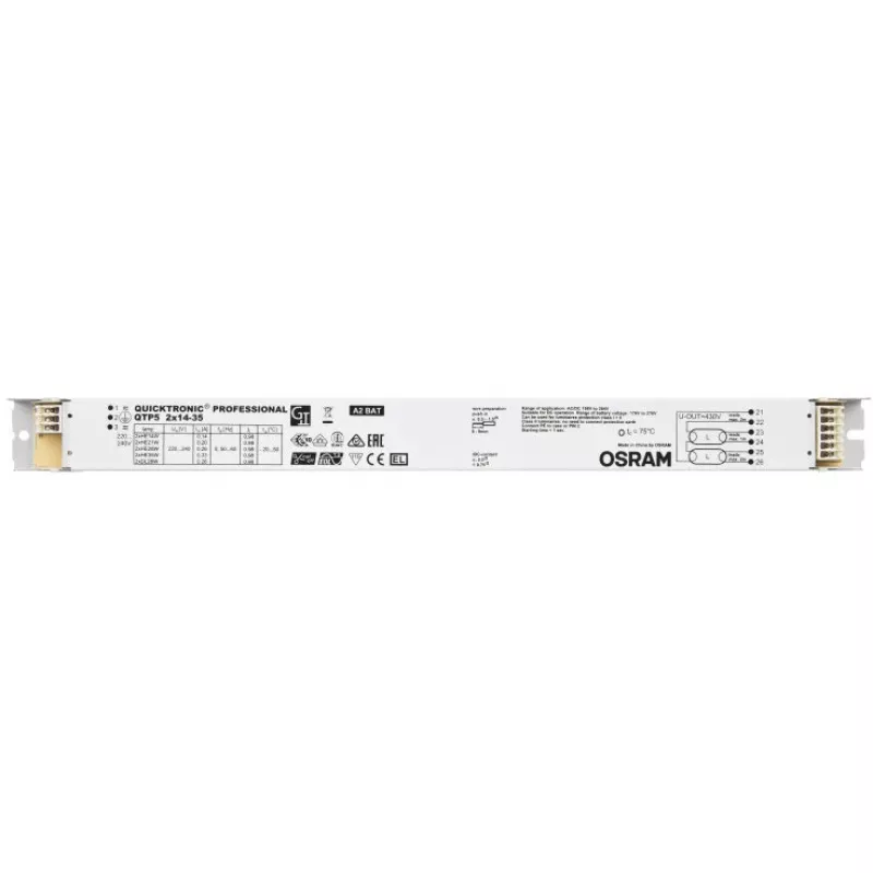 Liiteseadis/LED-draiver Osram QTP5 2X14…35, eluiga 100000 h, sisend 198–264 V, 50/60 Hz, 24 A, -20–50 °C, 30×360×21 mm