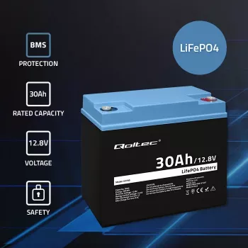 Laetav LiFePO4 aku QOLTEC 12.8V 30Ah 384Wh koos BMS-iga