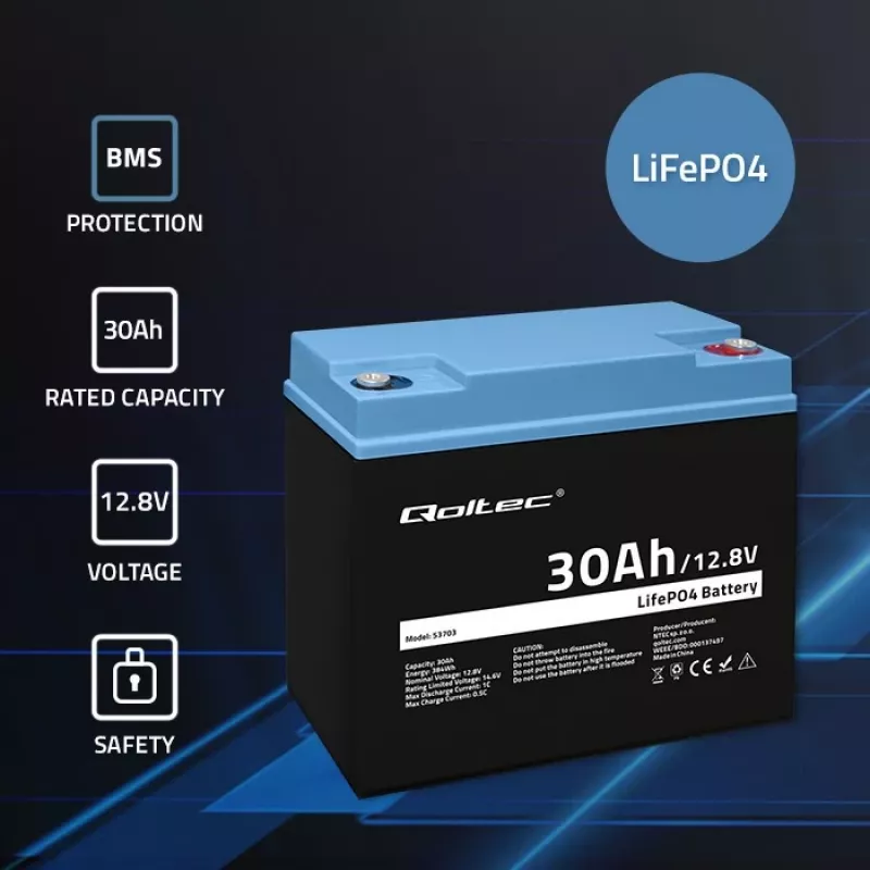 Laetav LiFePO4 aku QOLTEC 12.8V 30Ah 384Wh koos BMS-iga