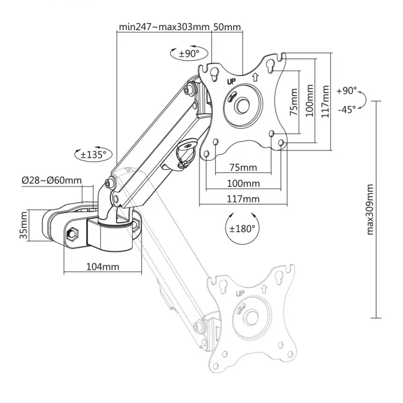 Monitorikinnitus torule/postile 28-60mm Maclean, 17-27'', max 7kg, gaasvedru, MC-459